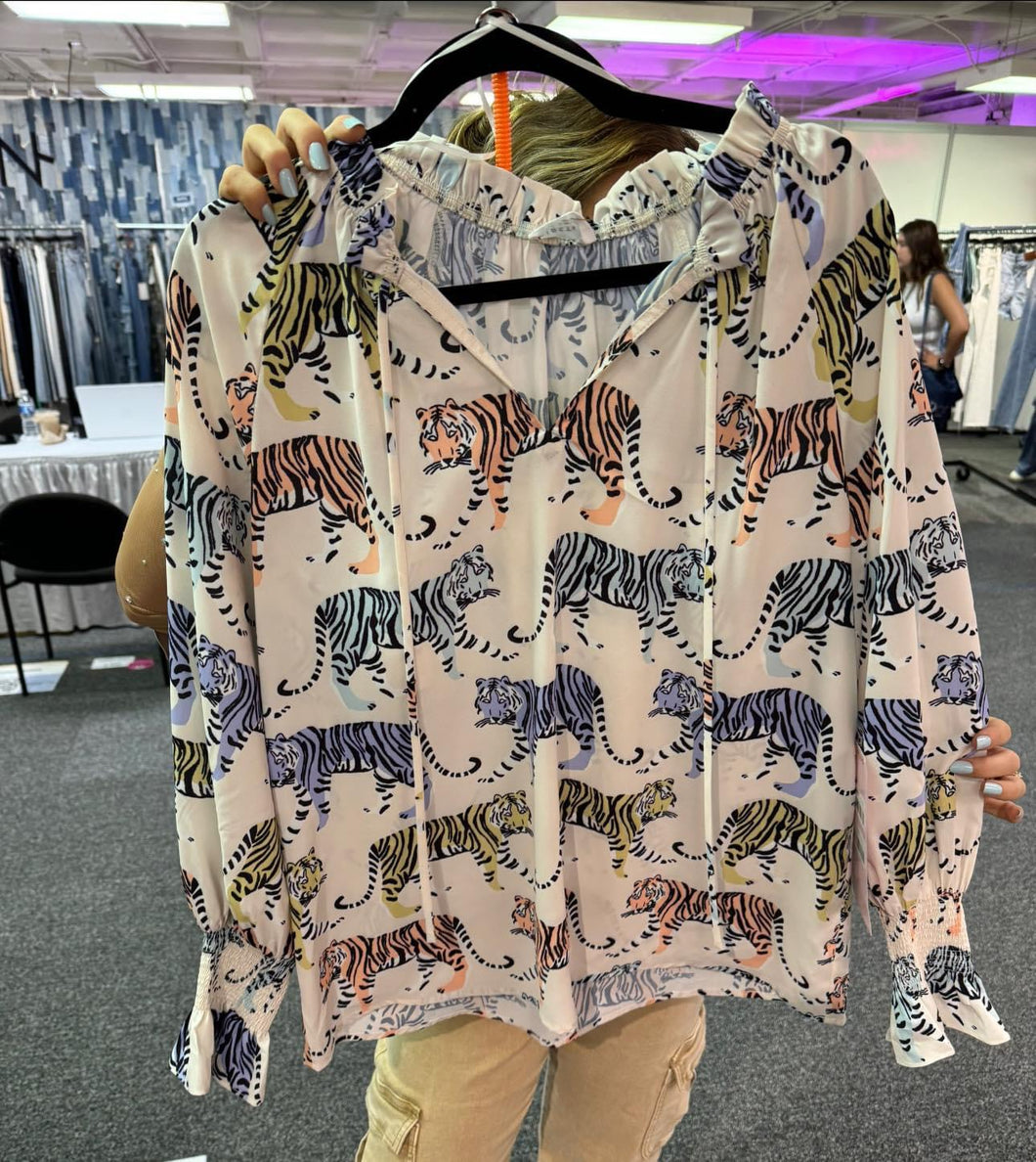 Tiger Print Cuff Sleeve Blouse