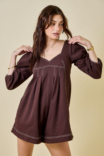 Brown Puff Sleeve Denim Romper