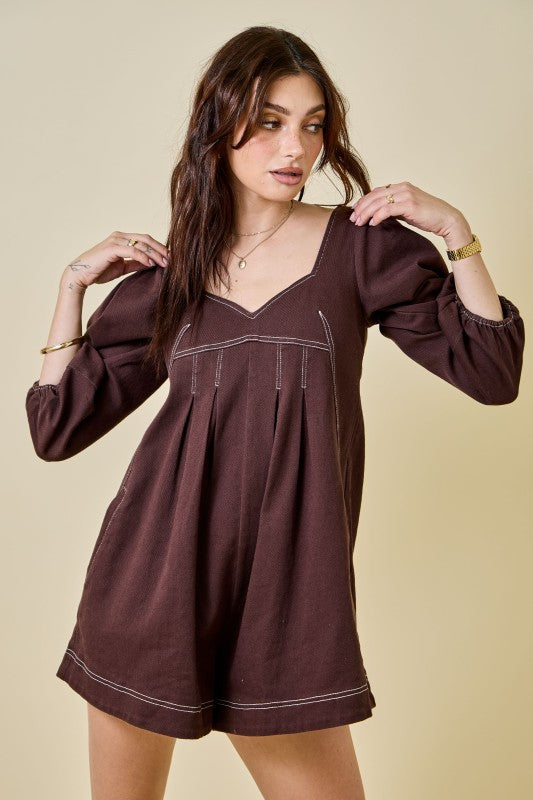 Brown Puff Sleeve Denim Romper