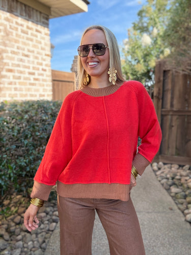 Camel/Red Mock Neck Sweater
