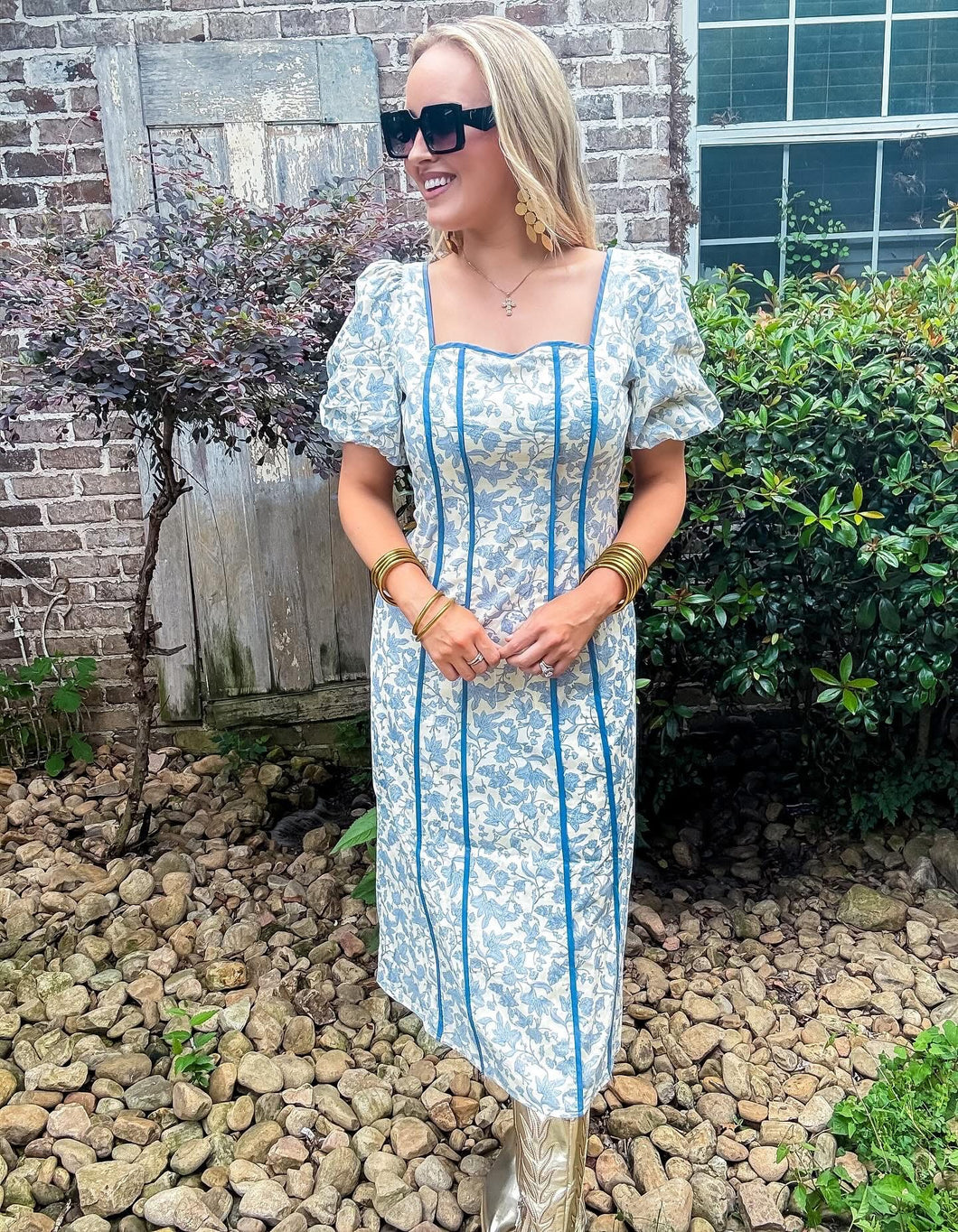 Blue Floral Square Neck Midi