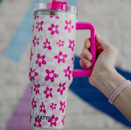 Pink Flower Groovy Checkered Tumbler