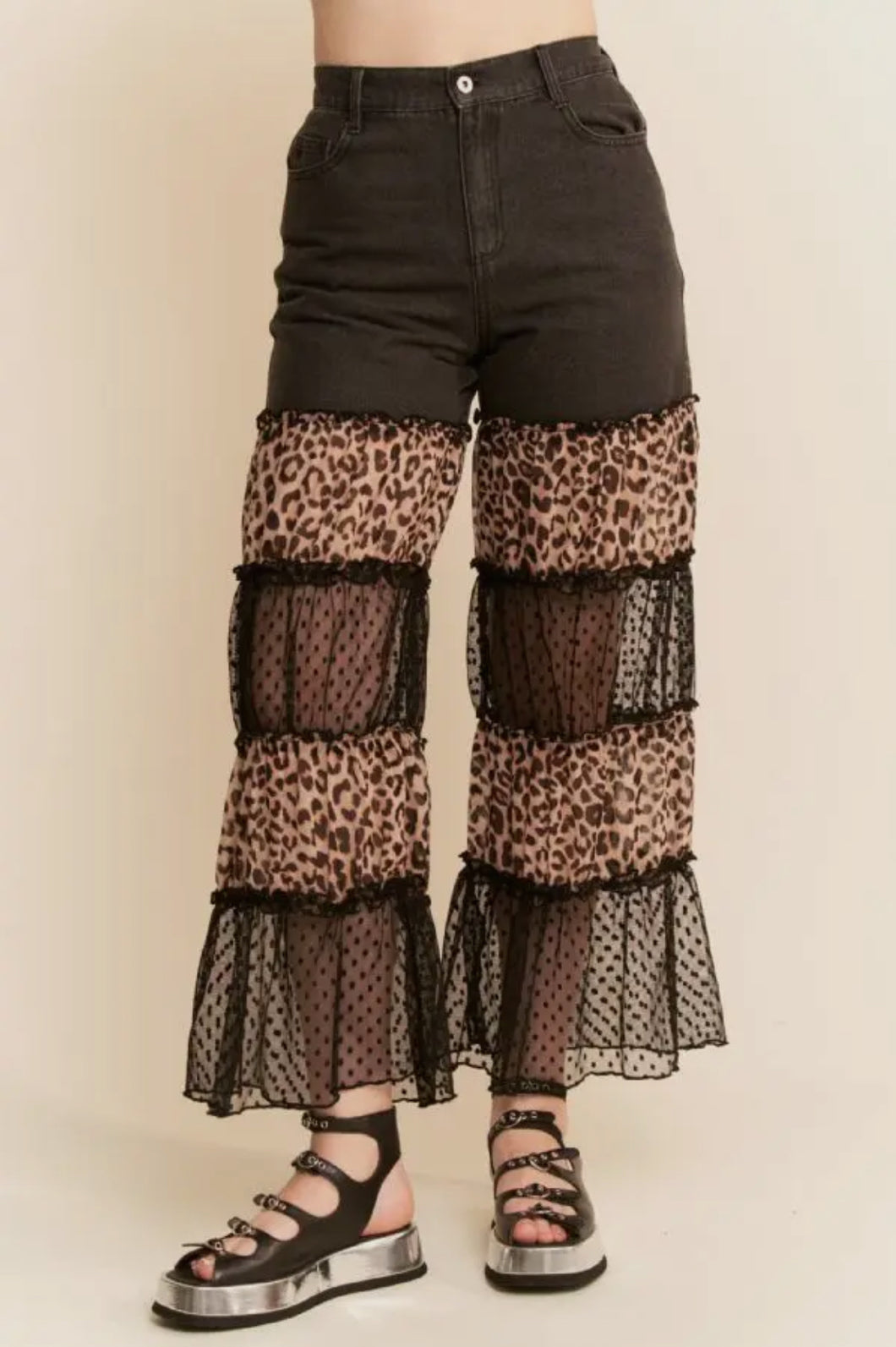 Leopard Mesh Ruffle Denim Pants