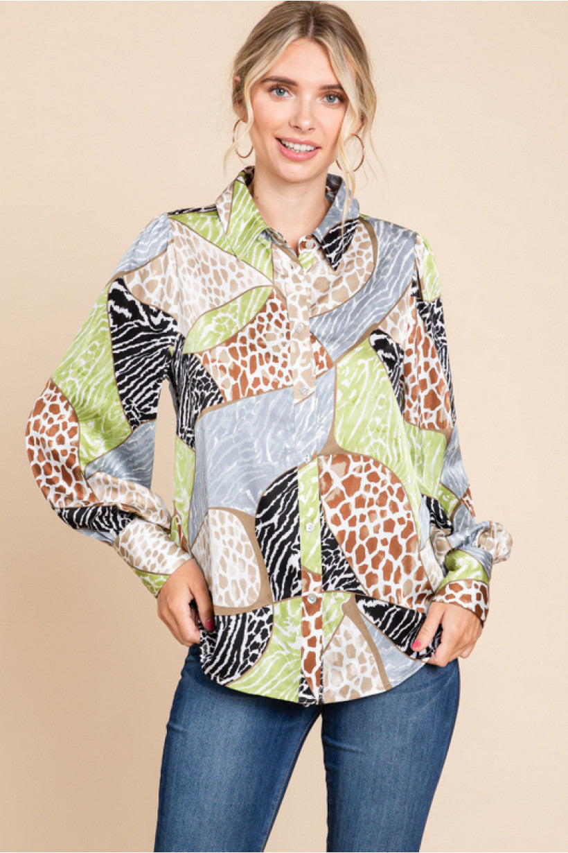 Calan Satin Printed Top Brown