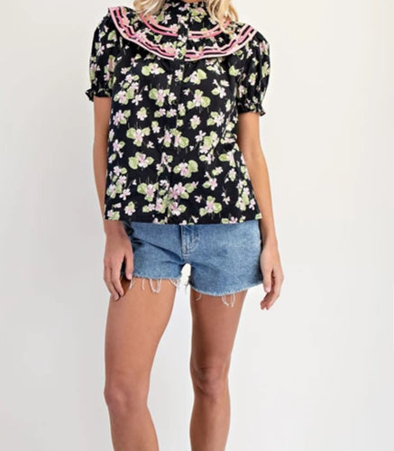 Eddie Floral Top Black