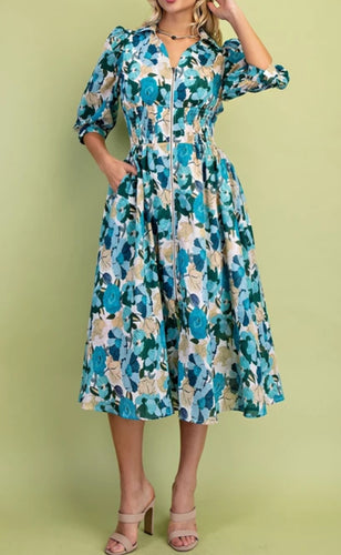 Vibrant Floral Midi Blue