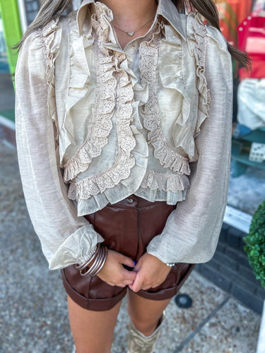 Ruffled Button-Down Cropped Blouse
