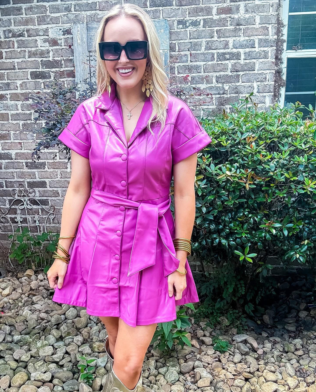 Magenta Leather Tie Waist Dress