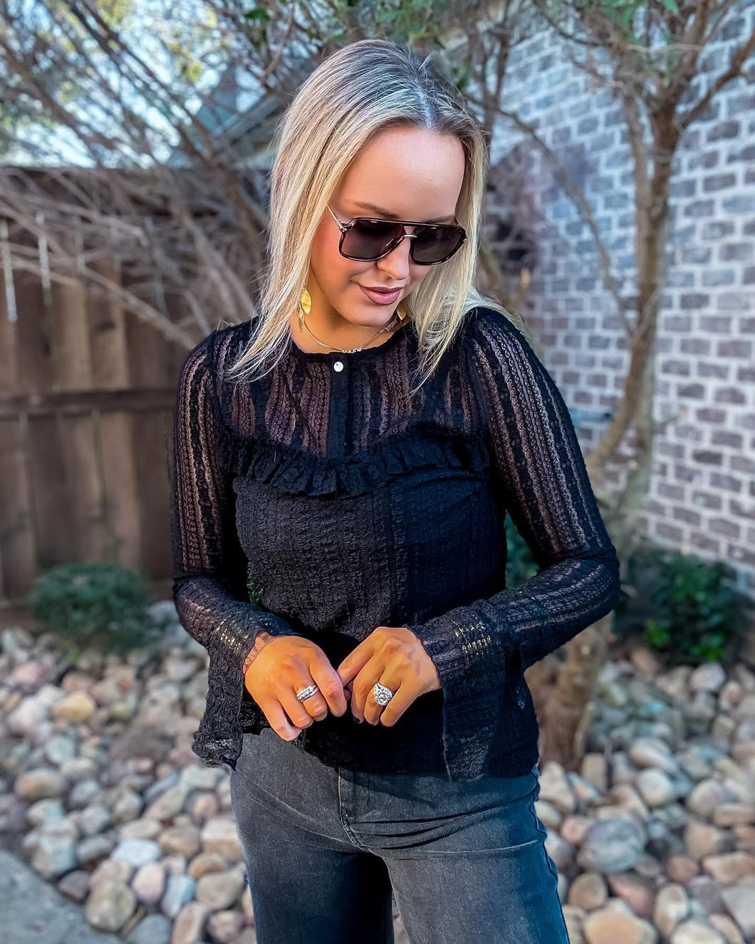 Henley Lace Detail Top Black