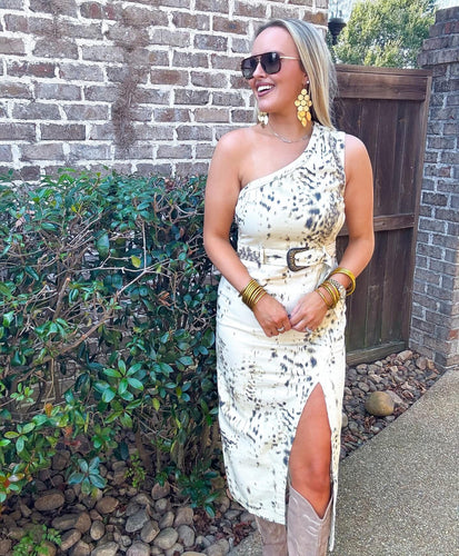 Doe Print One Shoulder Denim Dress