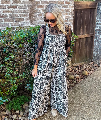 Black Washed Floral Overalls