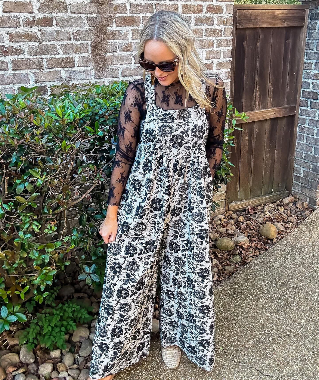 Black Washed Floral Overalls