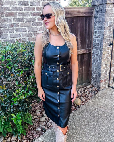 Black Pleather Gold Detail Dress
