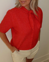 Load image into Gallery viewer, Red Tie Neck Short Sleeve Sweater