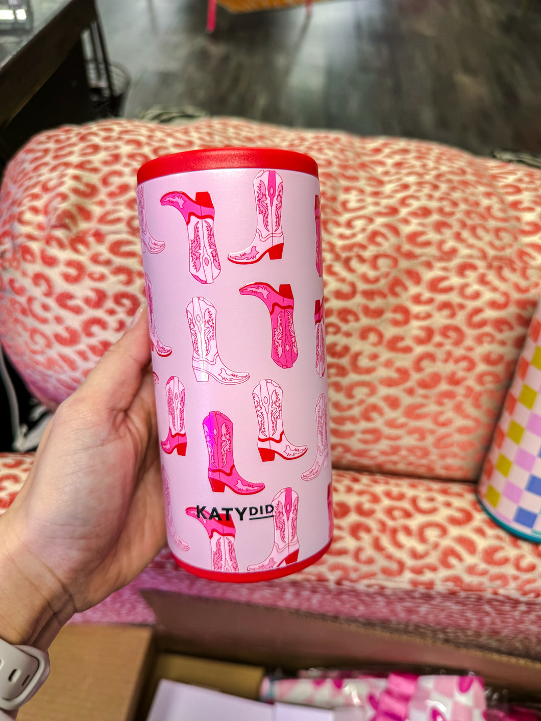 Pink Boots Skinny Can Cooler