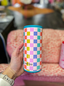 Multi Color Checkered Skinny Can Cooler