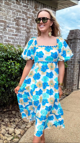 Blue Floral Square Neck Midi