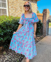 Load image into Gallery viewer, Bow Front Blue Floral Dress