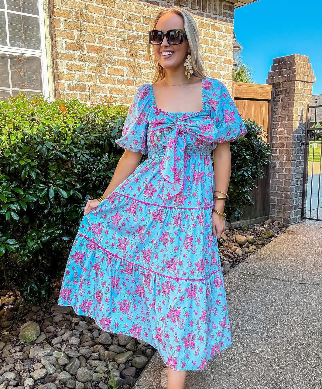 Bow Front Blue Floral Dress