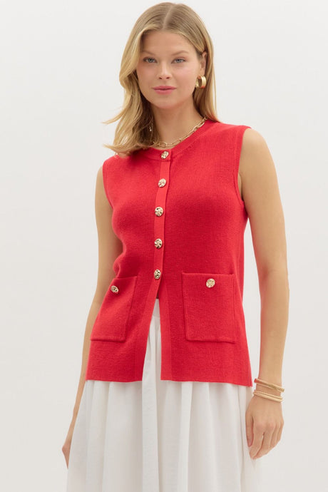 Red Button Down Sleeveless Top