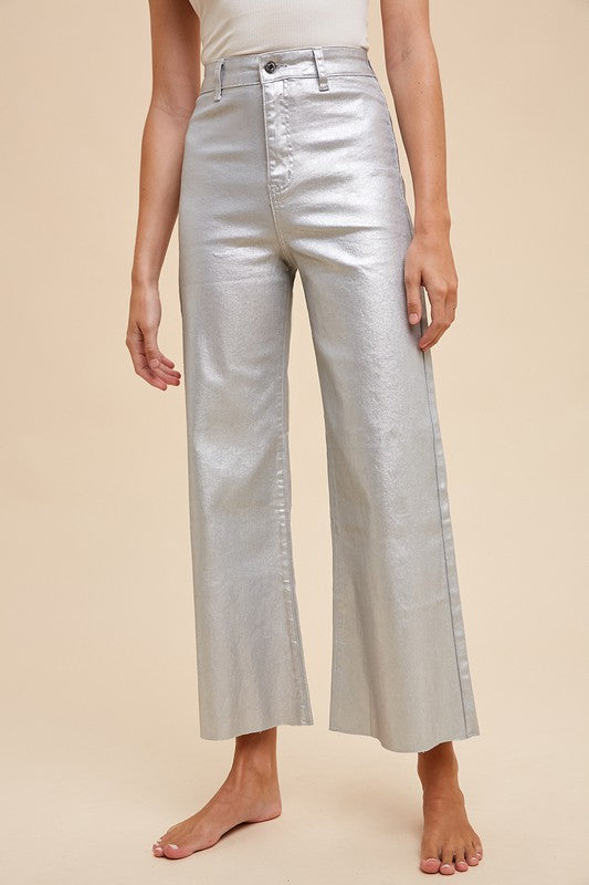 Metallic Silver Wide Leg Pants