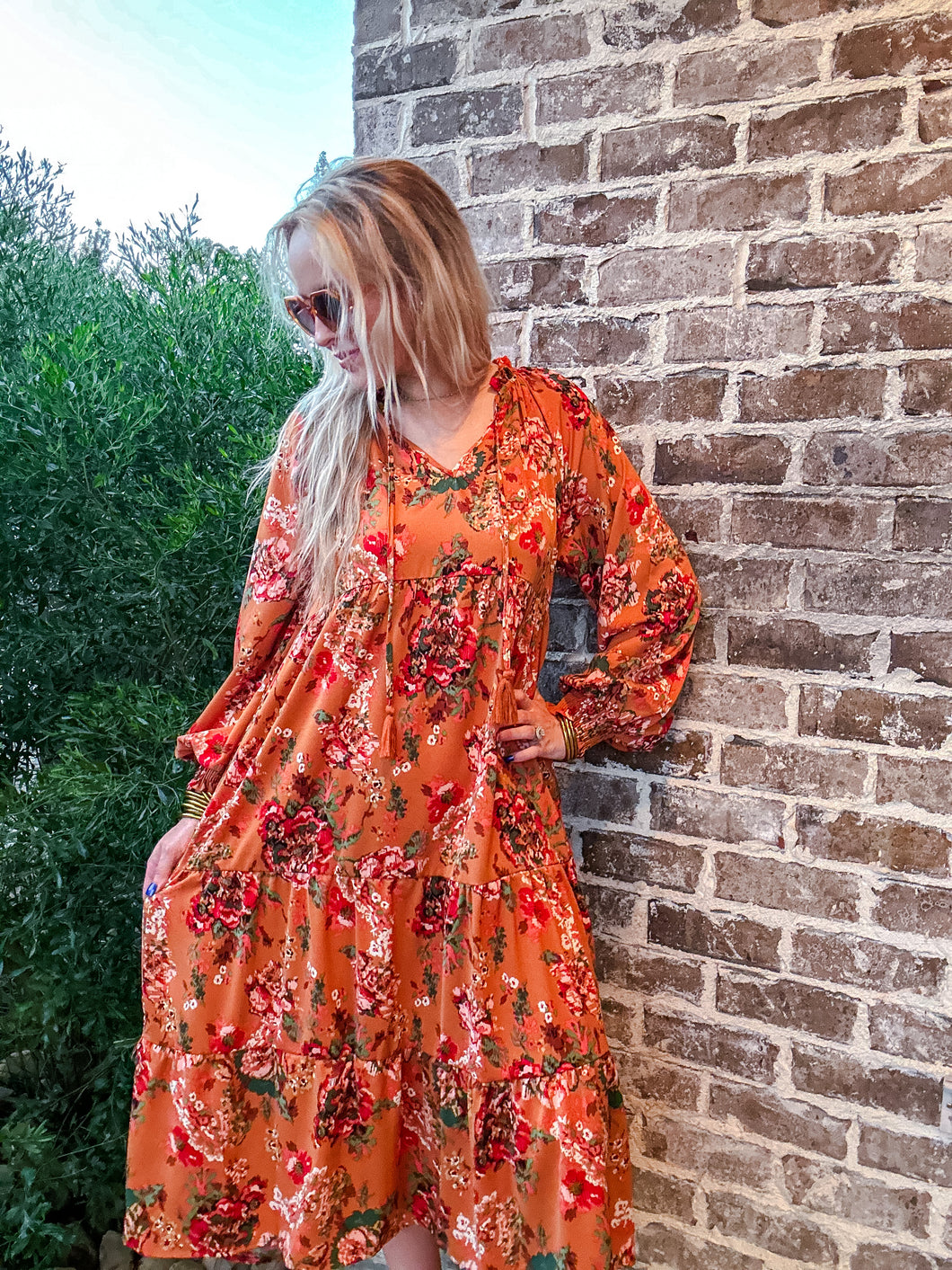 Camel Floral Tiered Midi