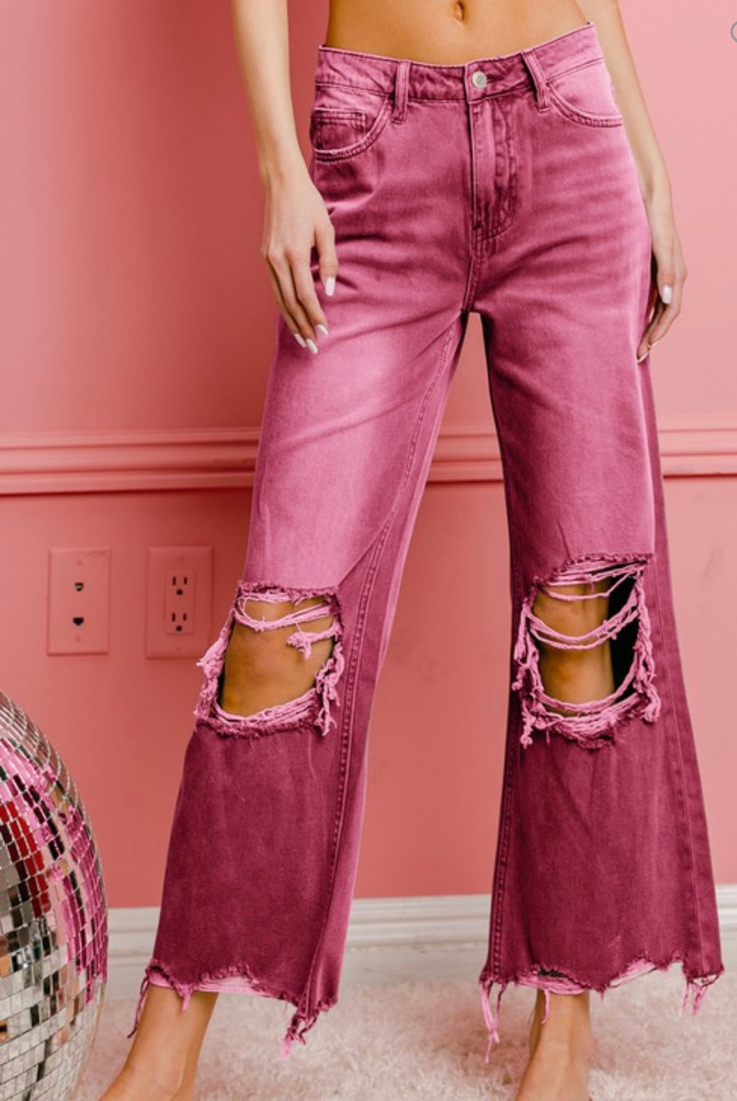 Distressed Wide Leg Jeans Pink